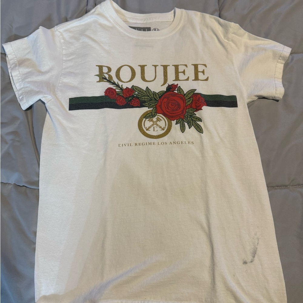 White Graphic Tee with Red Rose Design